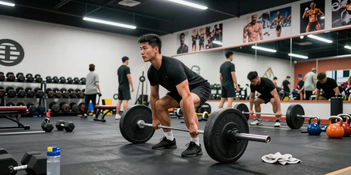 Entrenamiento en el gimnasio con Esteroidesshop, hombre levantando pesas con gran dedicación y energía.