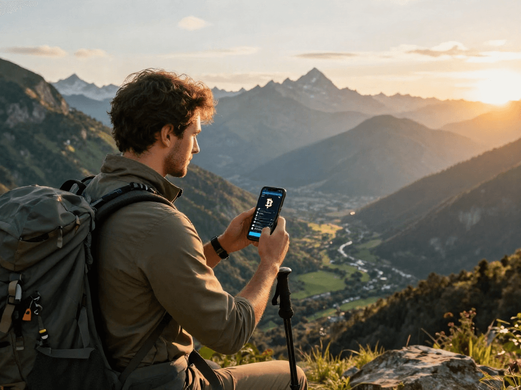 Una persona contemplando un paisaje montañoso mientras busca información para comprar btc.