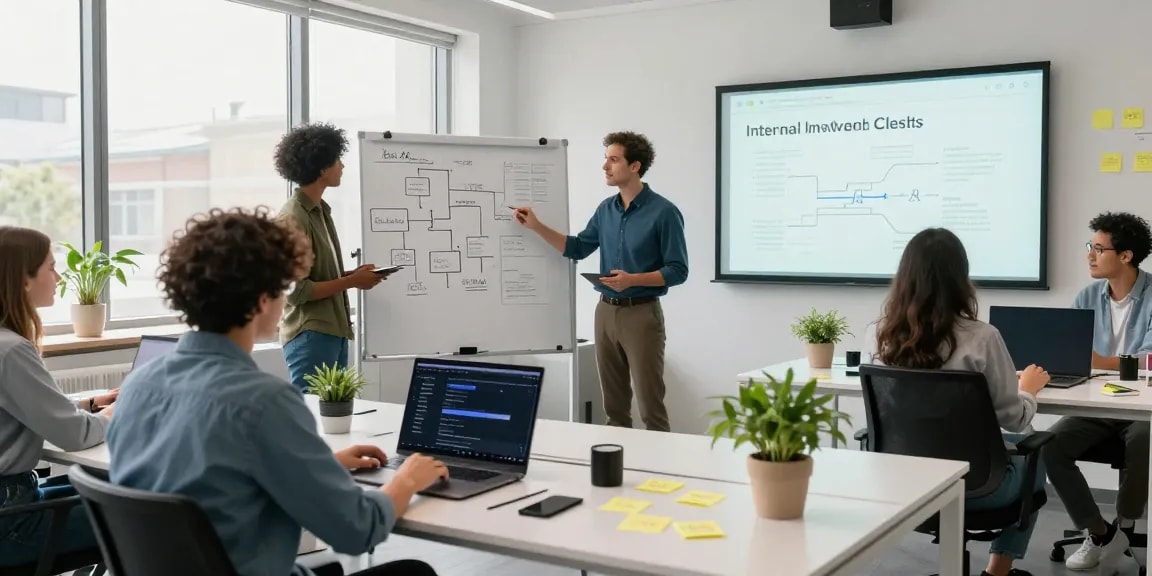 Team collaborating to build internal tools with AI in a modern workspace