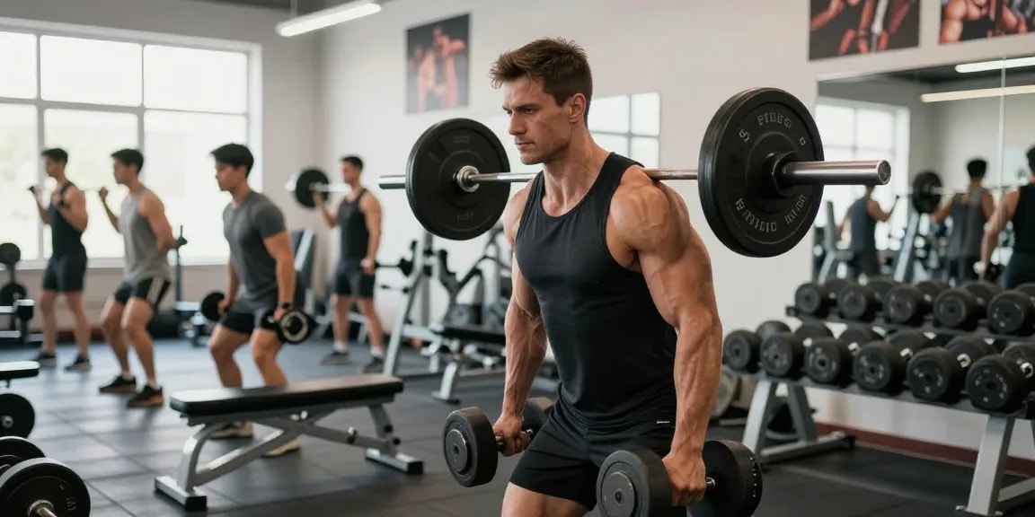 Esteroidesshop muestra el rendimiento del culturismo en una escena dinámica de gimnasio con un atleta levantando pesas.