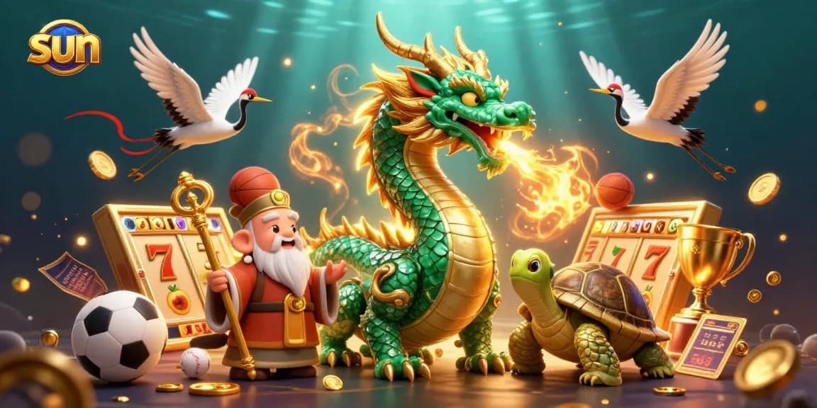 Experience the excitement of winning at the Sun-themed casino with a vibrant 3D illustration featuring dragons, turtles, and gaming symbols.