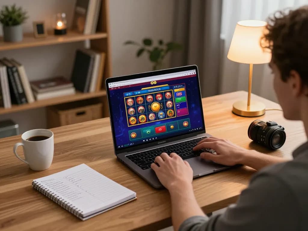 Player engaging with O8 online casino platform from a cozy home setup, showcasing vibrant gameplay.
