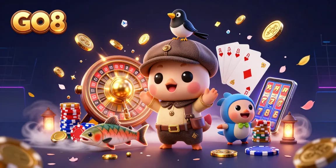Engage with GO8 as charming characters play in a vibrant 3D casino setting filled with gems and golden coins.