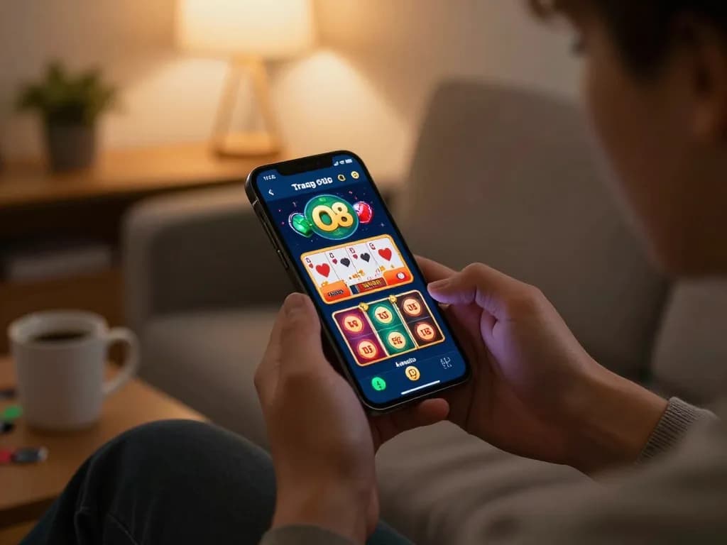 Engaging gameplay on the Trang Chủ O8 casino app on a smartphone in a cozy home setting, showcasing online gambling