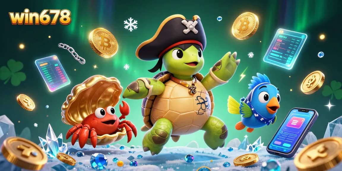 Spin the reels with win678 in a vibrant casino scene featuring animated characters and crypto elements.