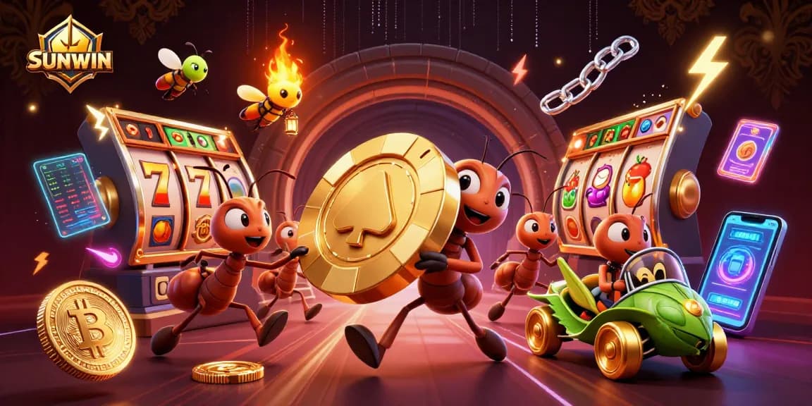 SUNWIN background theme illustration showing a heist scene with ants carrying a poker chip, highlighting online casino excitement.
