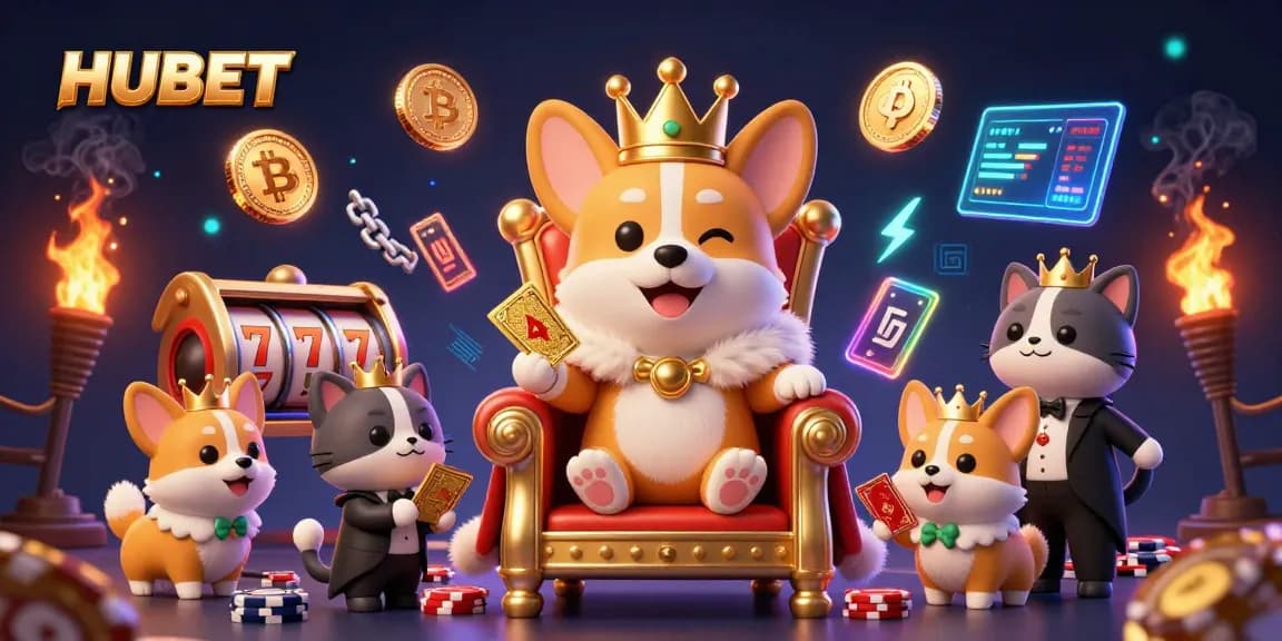 Experience HUBET with a royal corgi and cat butler amid vibrant casino elements.