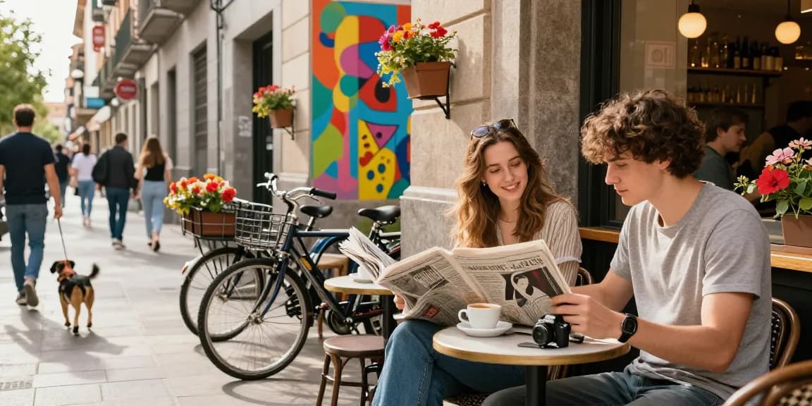 Noticias de Madrid: Pareja disfrutando de un café en la ciudad con ambiente vibrante.