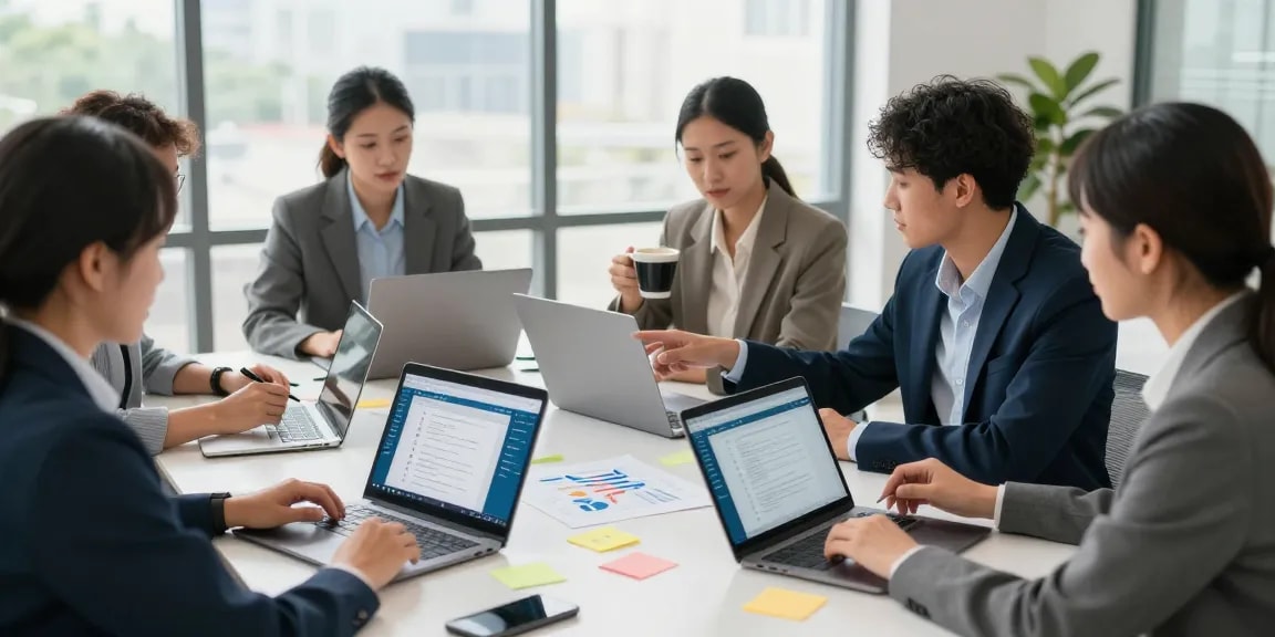 团队在现代办公室中使用WPS Office进行协作的场景,展示办公软件的高效协作功能。
