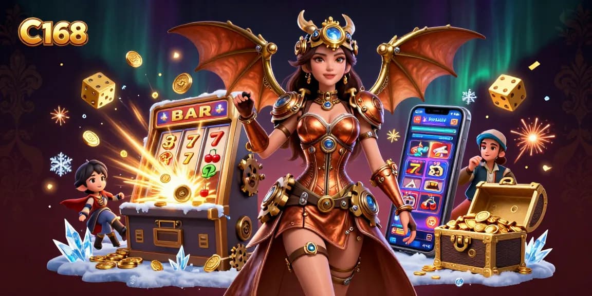 C168 ignites excitement with a stunning casino scene featuring winning slot machines and vibrant game elements.