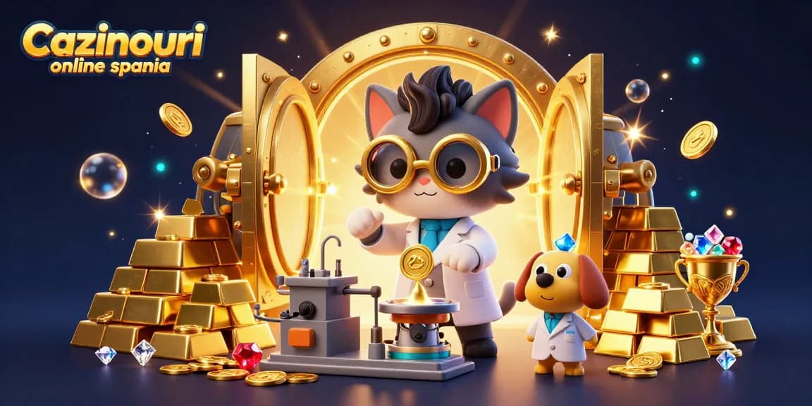 Cazinouri online spania interactive scene with a mad scientist cat creating gold-coin magic amid treasures.