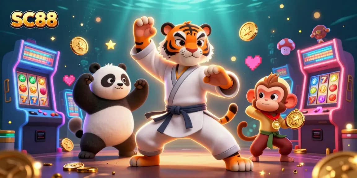 SC88 showcases a kung fu tiger mastering slots with vibrant colors, rich gaming elements, and exciting energy.