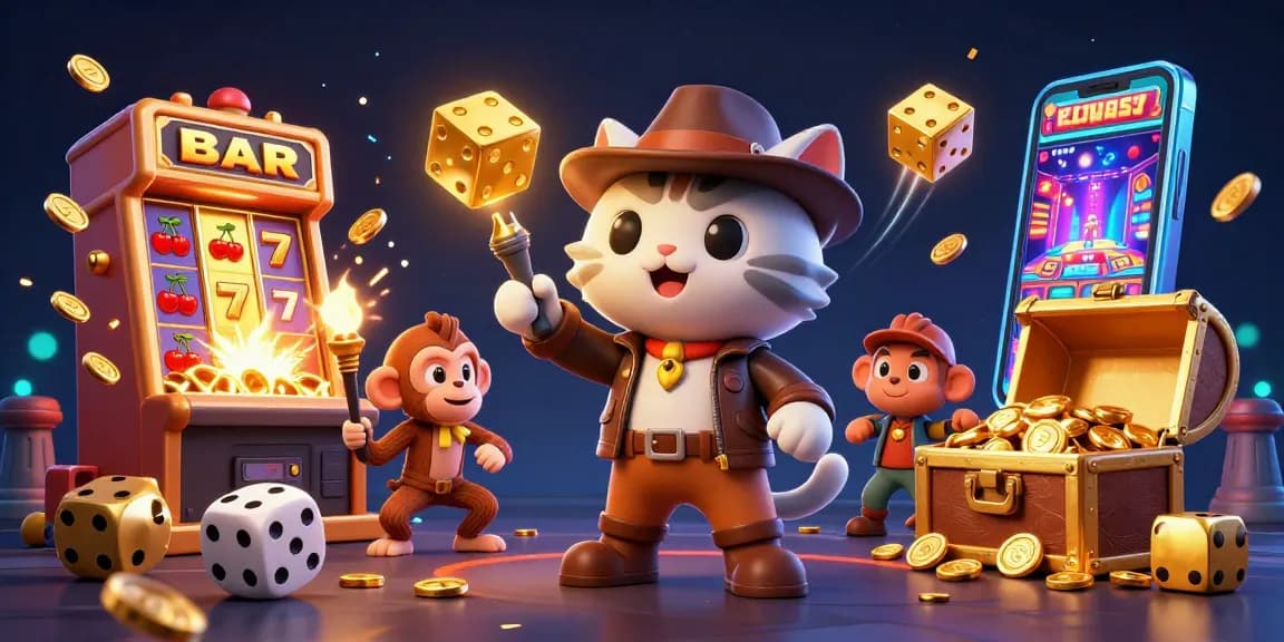 Experience thrilling Kèo nhà cái action with a 3D cartoon cat archaeologist amid casino treasures.