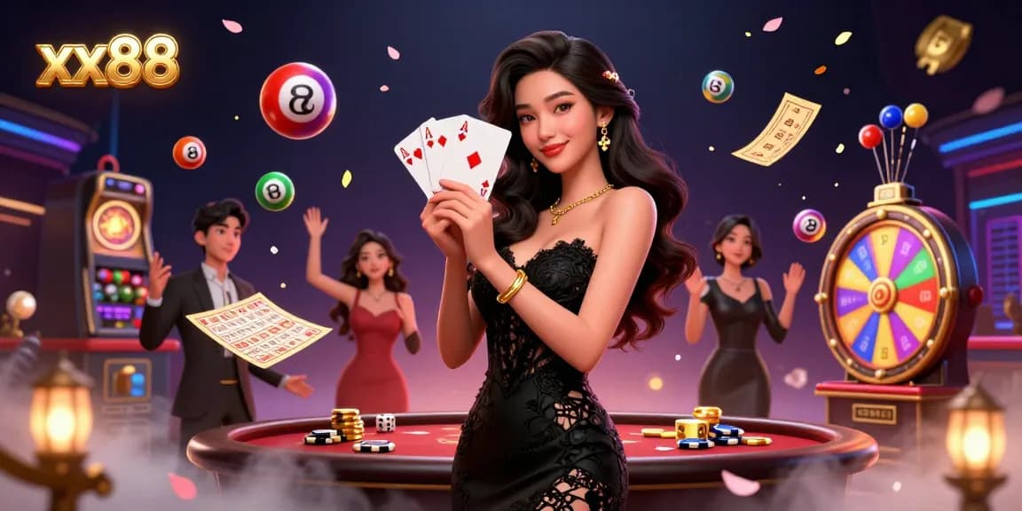Experience the excitement of winning at xx88 with stunning visuals of cards, chips, and lottery elements.