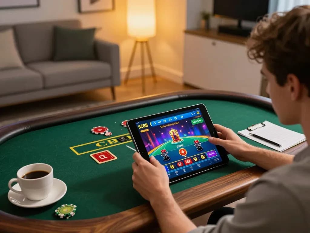 Player engaging with SC88 app for live dealer game in a cozy home setting, emphasizing online gambling excitement