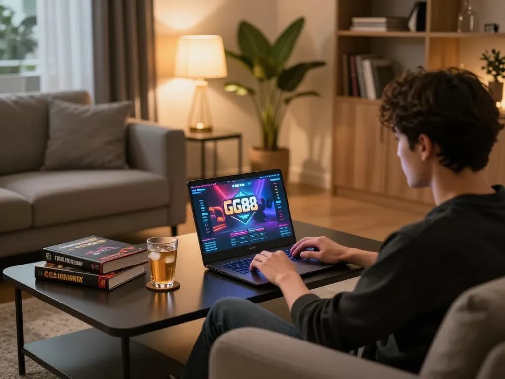 Engaging online gaming session using GG88 platform in a cozy living room.