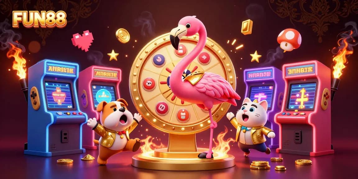 FUN88 showcases excitement with 3D animated characters spinning a golden prize wheel in a vibrant casino scene.