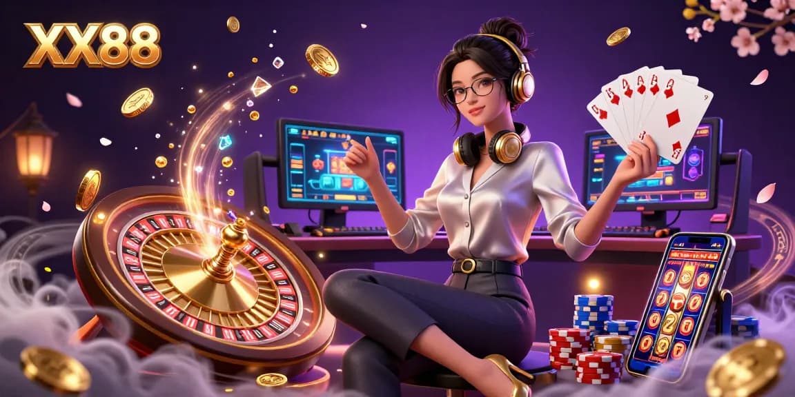 Experience thrilling gameplay at XX88 with elegant Asian woman at high-tech gaming setup.