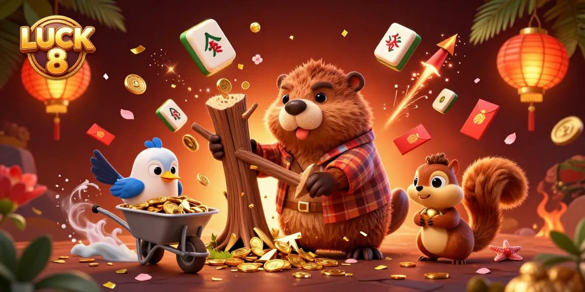 Experience winning moments with LUCK 8 as golden coins rain from trees in this lively casino scene.