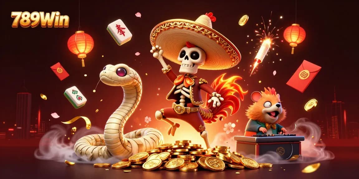 Experience thrilling wins at 789Win, featuring a vibrant casino scene with dynamic characters celebrating on golden coins.
