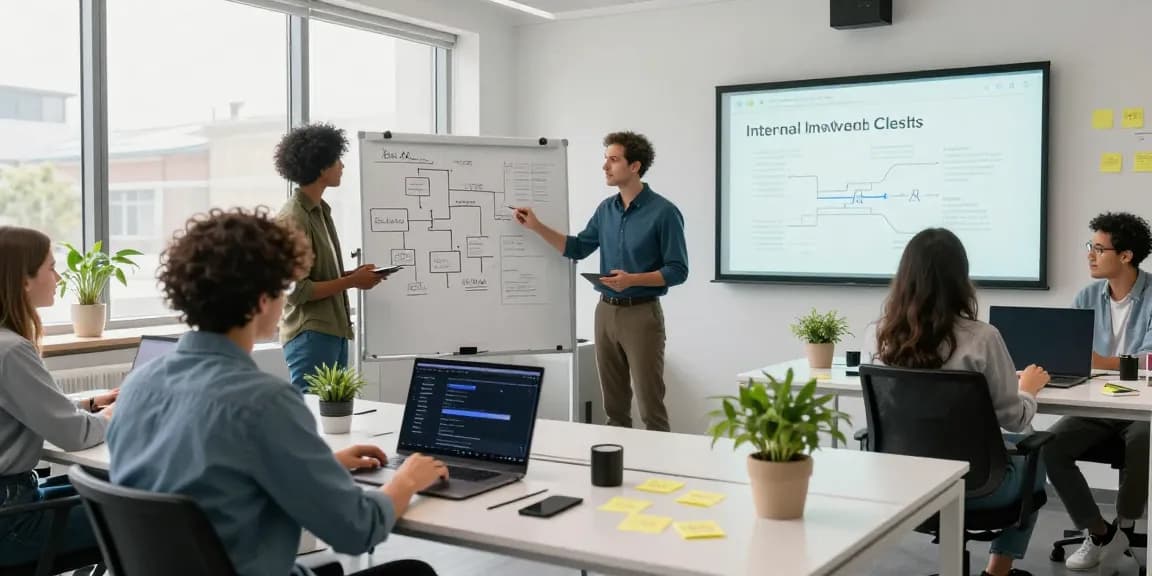 Team collaborating to build internal tools with AI in a modern workspace