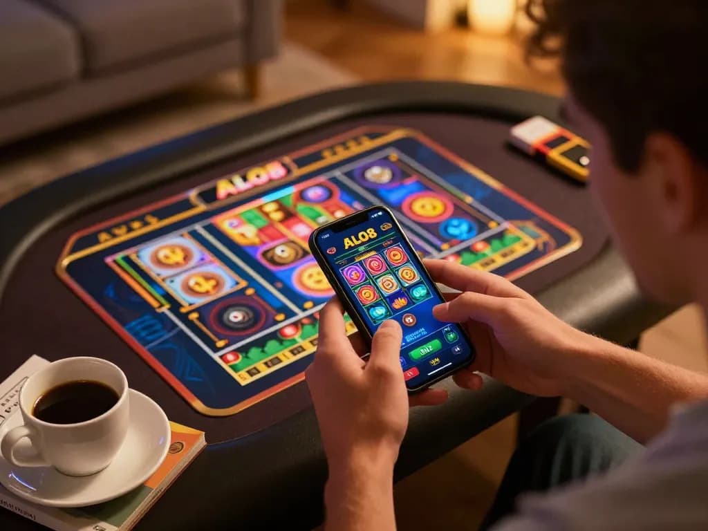 Player engaged in ALO8 online betting on smartphone in a cozy home setting.