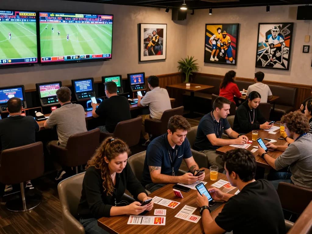 Engaged bettors using smartphones to place bets at fly88's vibrant sports lounge.