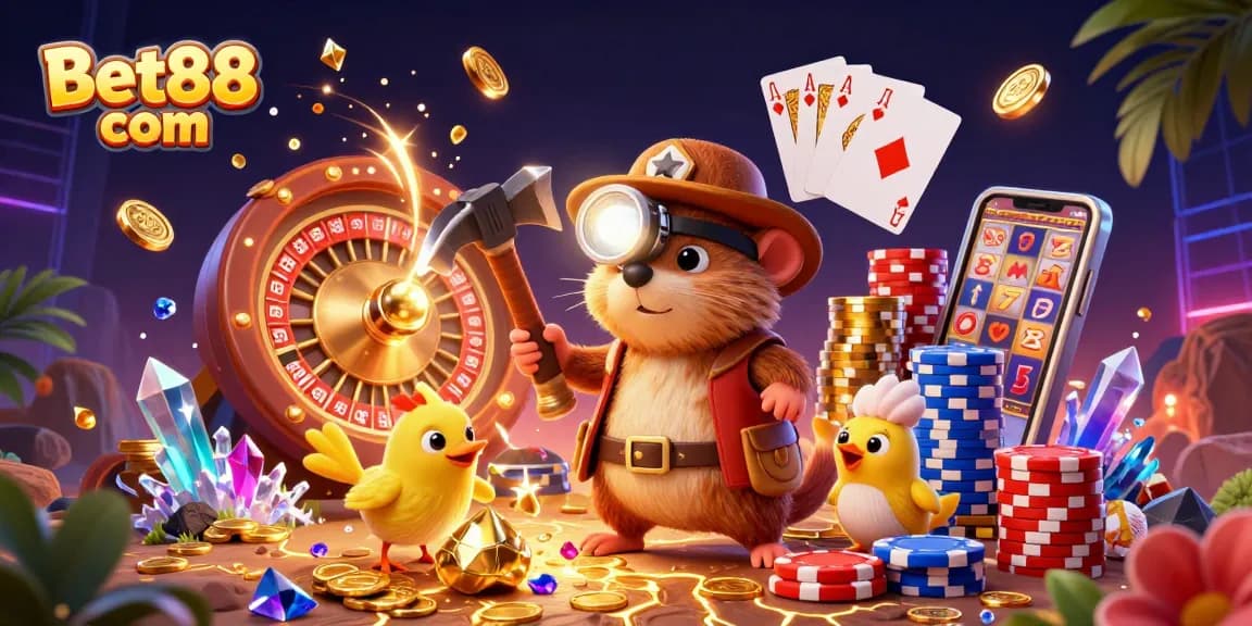 Bet88 com offers an exciting gaming experience with a detailed 3D scene showcasing a treasure hunter, gems, and casino elements.