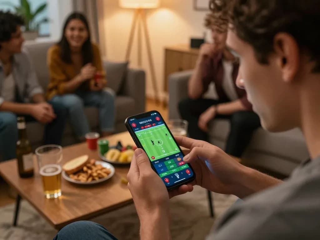 Engaging sports betting moment with keo nha cai hom nay on a smartphone and friends watching eagerly