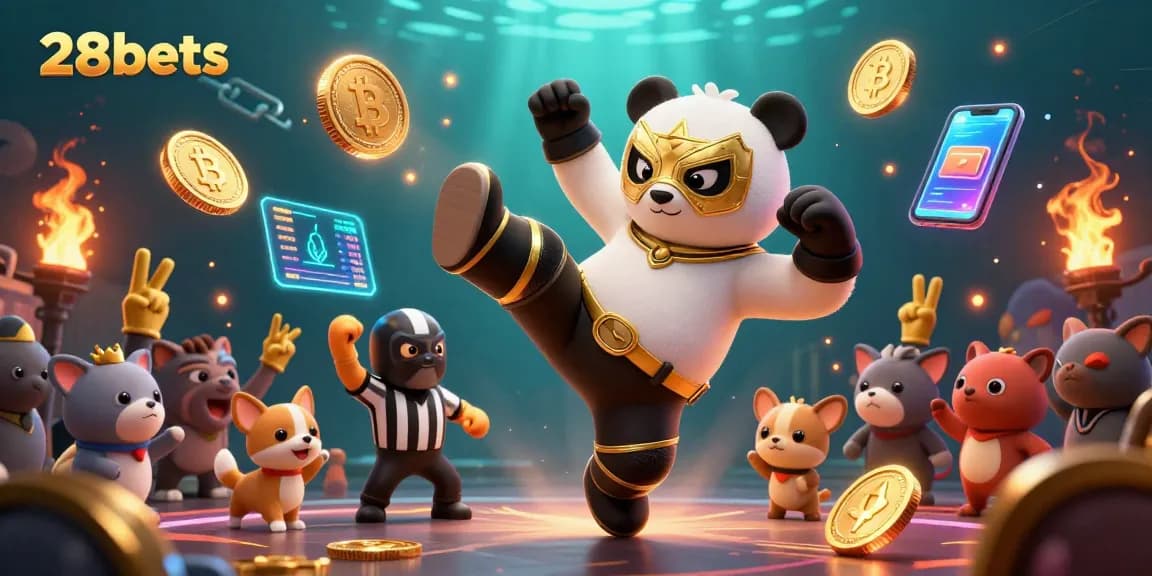 Engage with the vibrant world of 28bets, where a panda wrestler leaps amidst crypto elements in a lively casino scene.