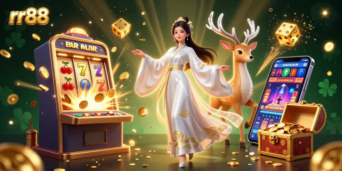 Experience thrilling gaming at rr88 with an Asian-inspired casino scene featuring slot machines and lucky symbols.