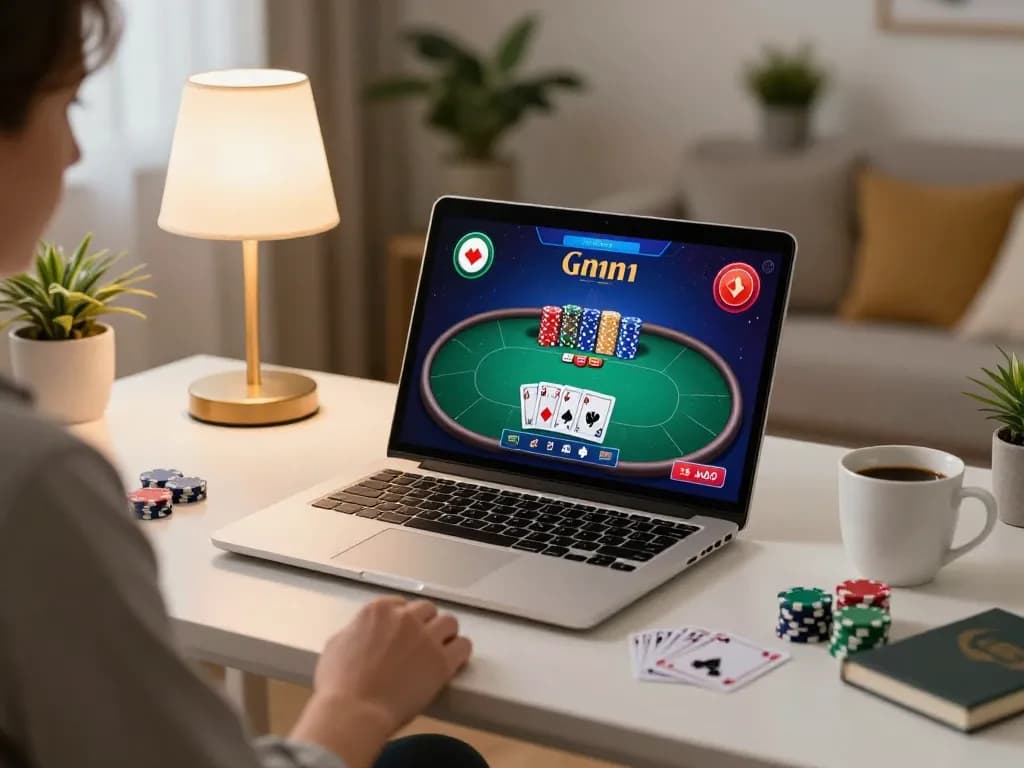 KJC player actively participating in online poker game at home, showcasing strategy and engagement.