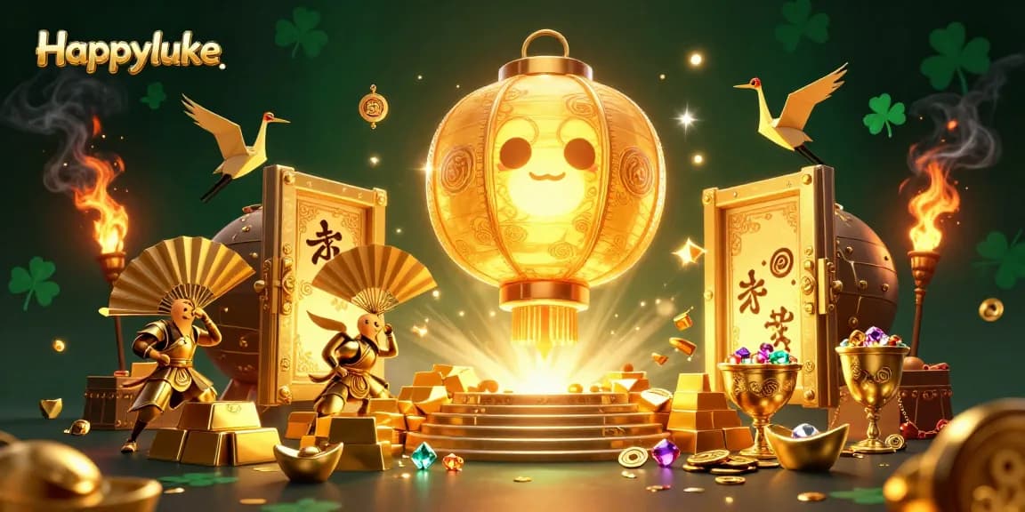 Win big at Happyluke with vibrant characters and dynamic casino gaming elements surrounding a golden spirit.