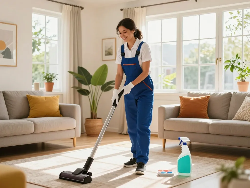 Profesional de servicios a domicilio proporcionando servicios a domicilio en una sala de estar luminosa.