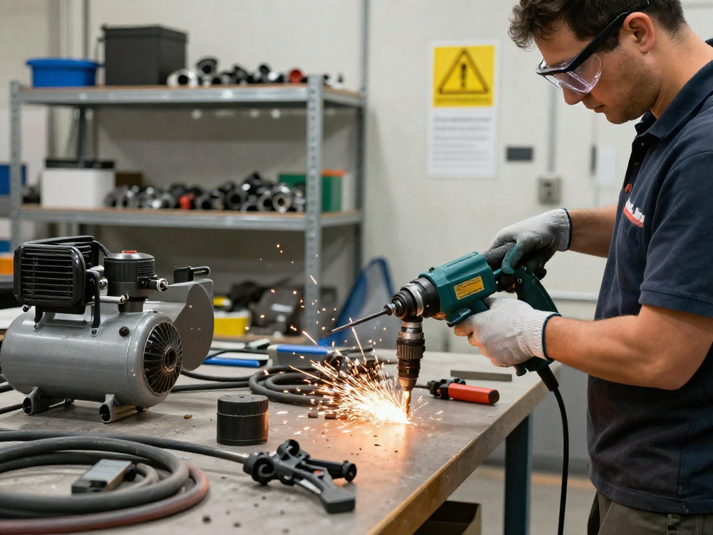 Operador utilizando taladros neumáticos en un taller industrial, rodeado de herramientas y equipos de seguridad.