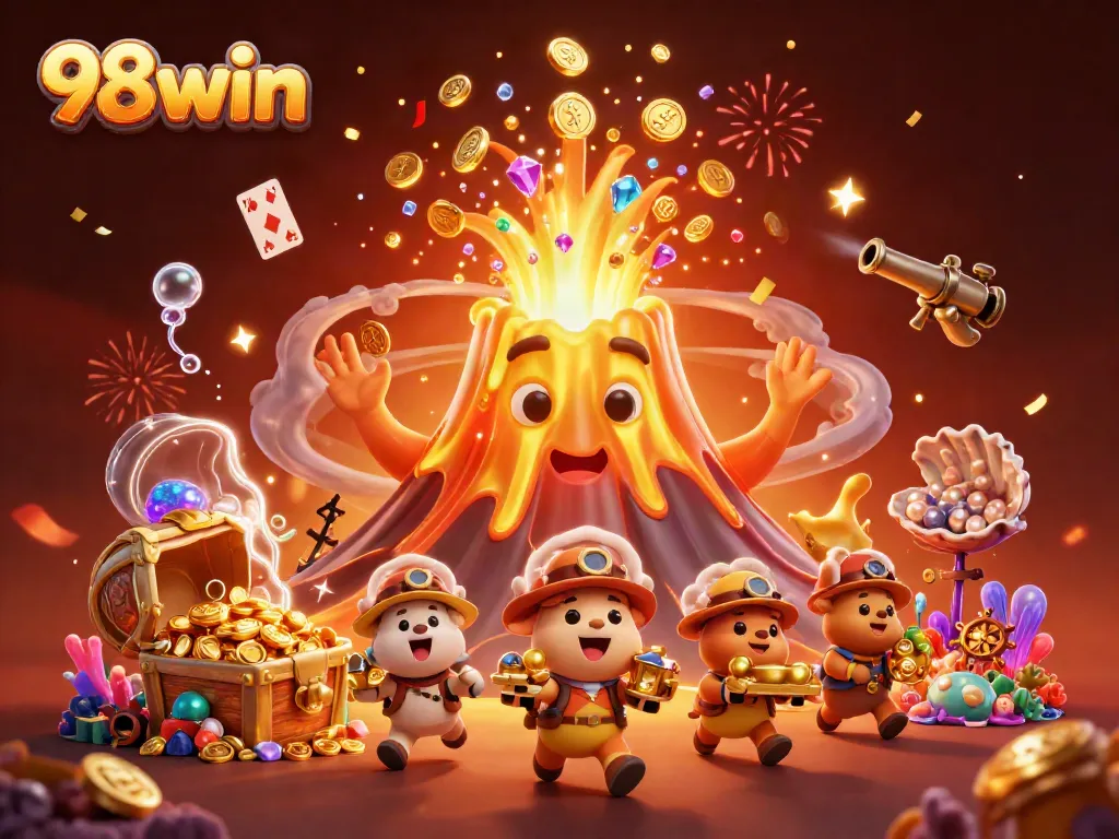 Experience the thrilling treasure eruption in 98win's vibrant online casino adventure.