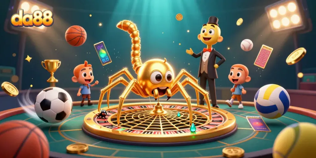 Experience thrilling bets with da88 in this vibrant 3D casino scene featuring sports elements and engaging characters.