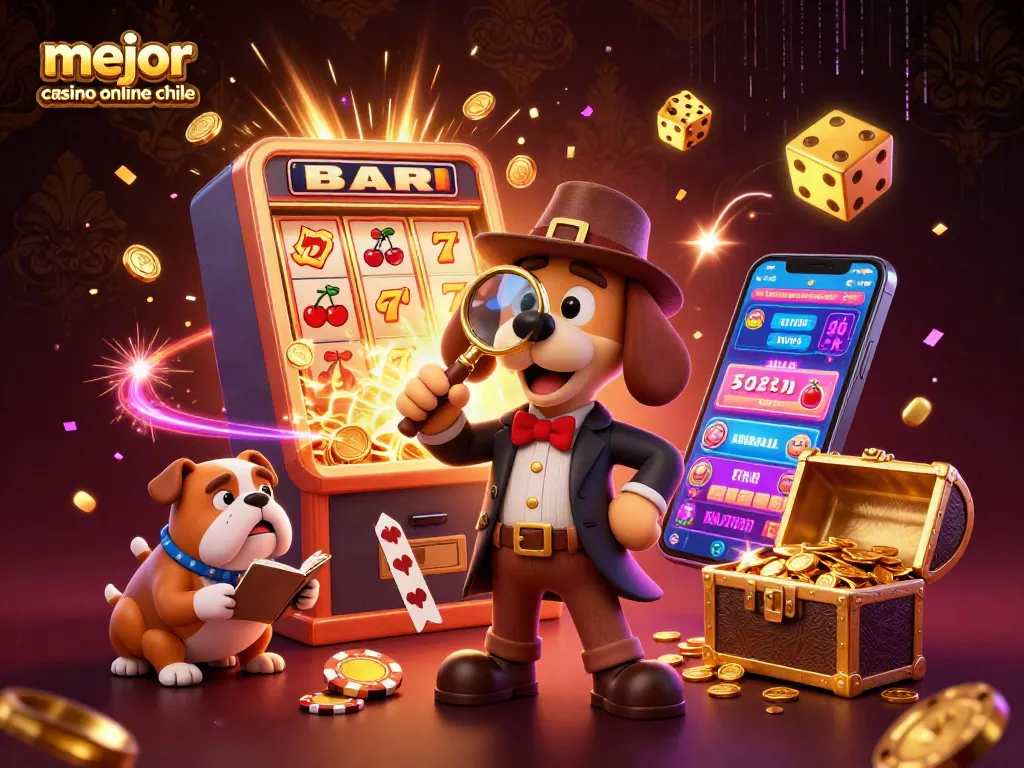 Máquina tragamonedas y perro detective en escena de casino, mejor casino online en Chile.