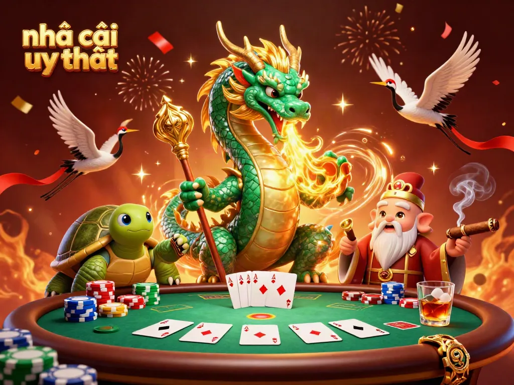 Experience thrilling gameplay at nhà cái uy tín with our 3D dragon illustration showcasing poker excitement and casino elements.