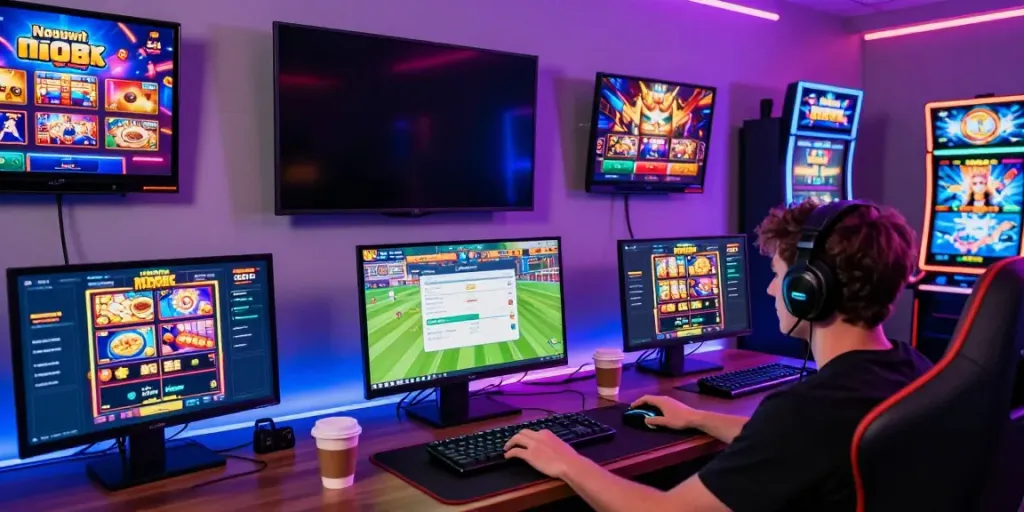 Nohuwin online gaming setup with vibrant visuals and dynamic games.