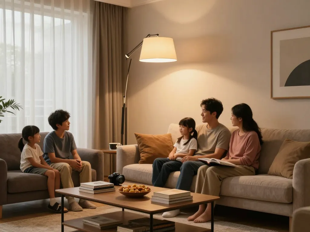 Lámparas con regulador integrado creando una atmósfera cálida y acogedora en una sala de estar con la familia reunida.