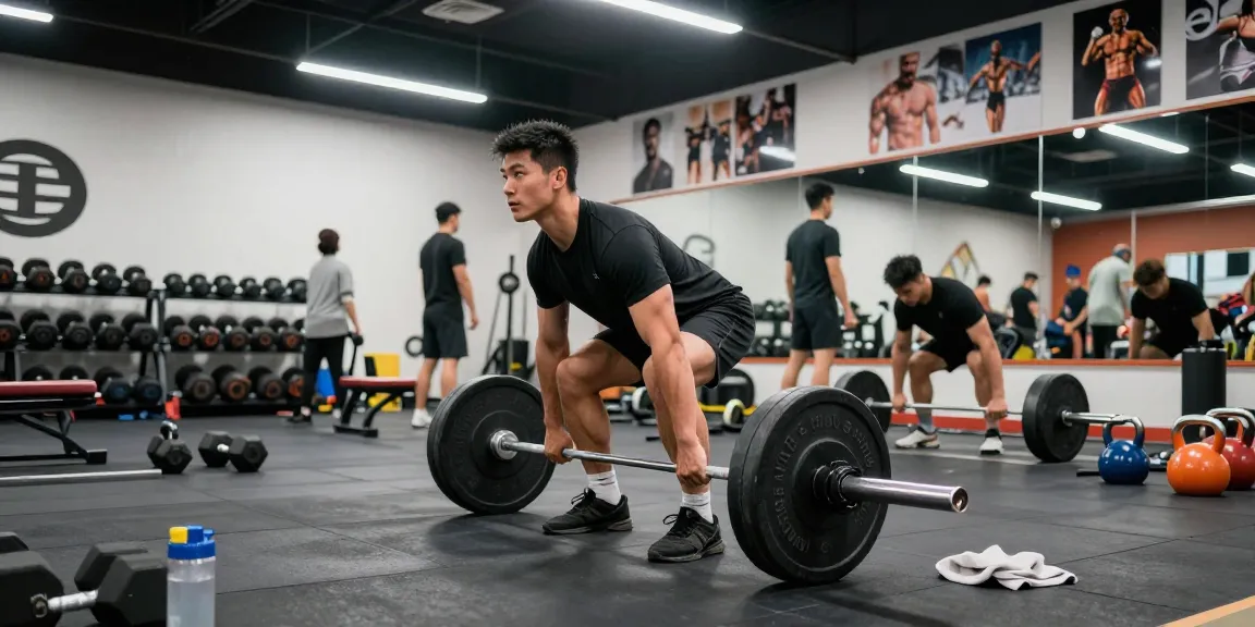 Entrenamiento en el gimnasio con Esteroidesshop, hombre levantando pesas con gran dedicación y energía.