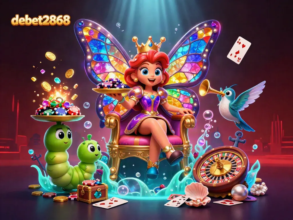 Experience vibrant gaming with debet2868 in a whimsical 3D illustration of a butterfly queen and casino elements.