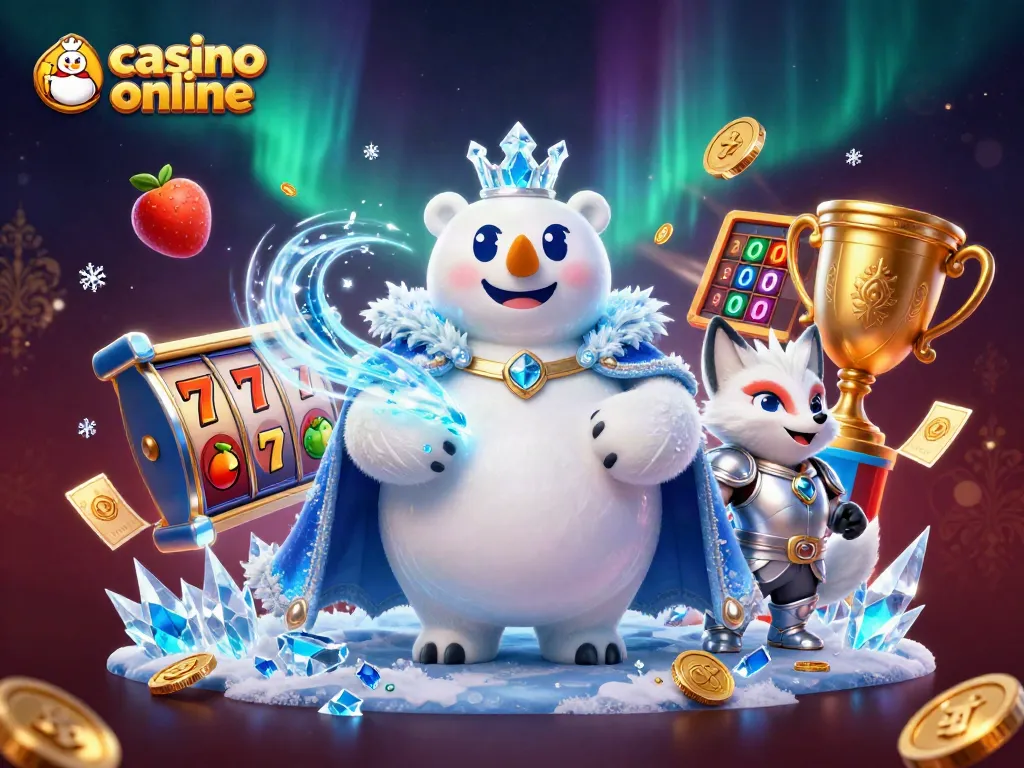 Juega en un casino online con la energía mágica del oso polar rey y símbolos de tragamonedas.