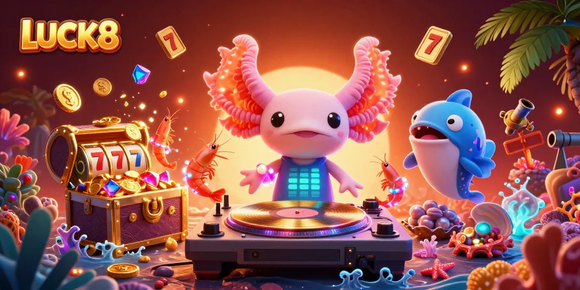 Spin with LUCK8 in a vibrant underwater casino scene featuring neon colors and gold treasures.