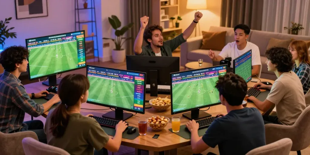Friends enjoying an exciting sports betting session on uk88 with vibrant football matches displayed.