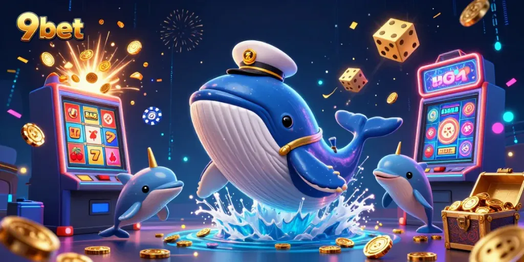 Experience the thrill of 9bet with a vibrant 3D scene featuring a whale, narwhal, and dolphins surrounded by casino elements.