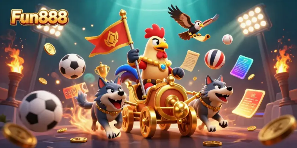 Engage with Fun888 featuring a cartoon rooster warlord commanding thrilling sports action in a rich, vibrant scene.