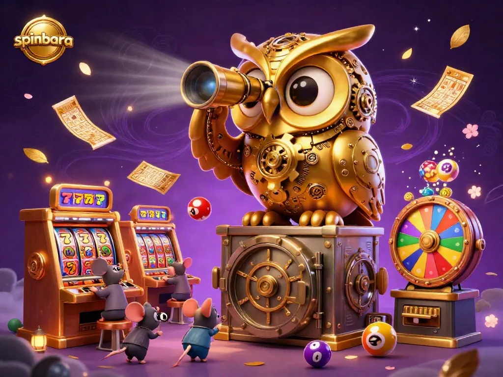 Experience thrilling gaming at Spinbara Casino with dynamic slot machines and animated characters celebrating wins.