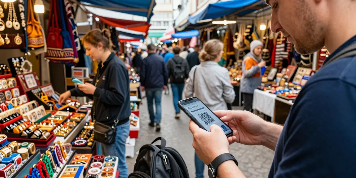Utilizando la app de https://payinrussia.com/ en un mercado ruso, el viajero escanea un código QR rodeado de artesanías.
